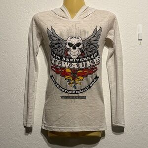 Classy JR Milwaukee Motorcycle Rally Hoodie Long Sleeve Skull Graphic Top S Bike